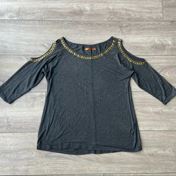 Belldini Gold Neckline Accents Cold Shoulder  Tunic Blouse - Picture 4 of 12